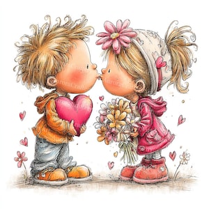 Peut inclure: Illustration à l'aquarelle de deux enfants de dessins animés s'embrassant. L'un tient un cœur rose, l'autre un bouquet de fleurs. Le garçon porte un sweat à capuche orange et la fille un manteau rouge. Des cœurs et des fleurs sont éparpillés.