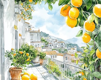 Könnte beinhalten: Aquarellmalerei eines Balkons mit Blick auf eine Küstenstadt. Der Balkon verfügt über Topfpflanzen und reife Zitronen. Zitronenbäume mit leuchtend gelben Früchten hängen darüber. Weiße Gebäude mit orangefarbenen Ziegeldächern befinden sich im Hintergrund.