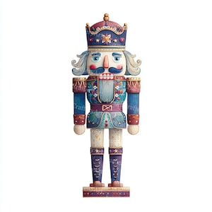 May include: A decorative wooden nutcracker figurine. The figurine is painted with a blue, red, and gold color scheme. It features a crown, a mustache, and a detailed uniform. The nutcracker stands on a rectangular base.