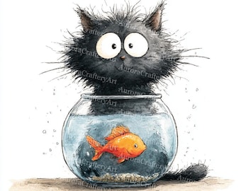 28 udda akvarellkatter Clipart: Roliga kattillustrationer (digital nedladdning)