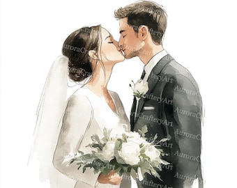 18 Bride and Groom Clipart, Minimalist, Wedding Invitation, Kissing Wedding Couple, Printable Watercolor, High-Quality JPGs, Paper Craft