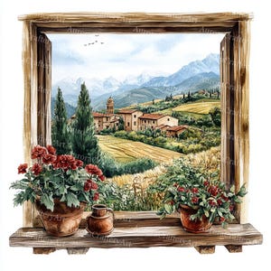 Könnte beinhalten: Aquarellmalerei einer toskanischen Landschaft, die durch einen Holzfensterrahmen betrachtet wird. Die Szene zeigt sanfte Hügel, Gebäude mit roten Ziegeldächern und Berge in der Ferne. Rote Blumen in Terrakottatöpfen stehen auf der Fensterbank.