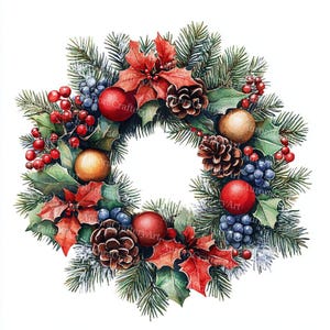20 Christmas Wreath Clipart, White Christmas Wreath, Printable Watercolor, High Quality JPGs, Paper Craft, Junk Journal, Digital Download