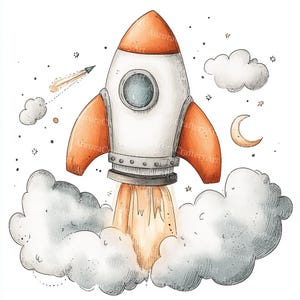 17 Rocket Clipart, Boy Birthday Clipart, Space Nursery Decor, Printable Watercolor, High-Quality JPGs, Paper Craft, Junk Journal