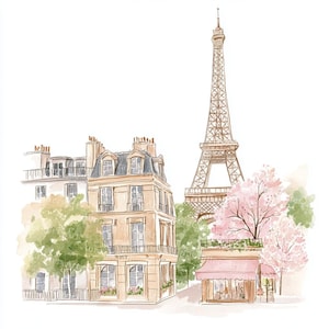 K&ouml;nnte beinhalten: Aquarellillustration einer Pariser Stra&szlig;enszene mit dem Eiffelturm, Geb&auml;uden und einem Caf&eacute; mit rosa Markise. Das Kunstwerk hat eine sanfte Farbpalette aus Beige, Rosa und Gr&uuml;n, die eine romantische Atmosph&auml;re hervorruft.