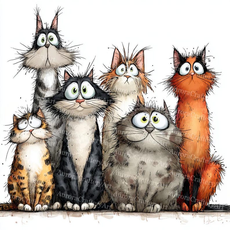 13 udda katter clipart, nyckfull kattunge clipart, högkvalitativ JPG, akvarell clipart, skräpjournal, digital nedladdning, papperspyssel clipart bild 4