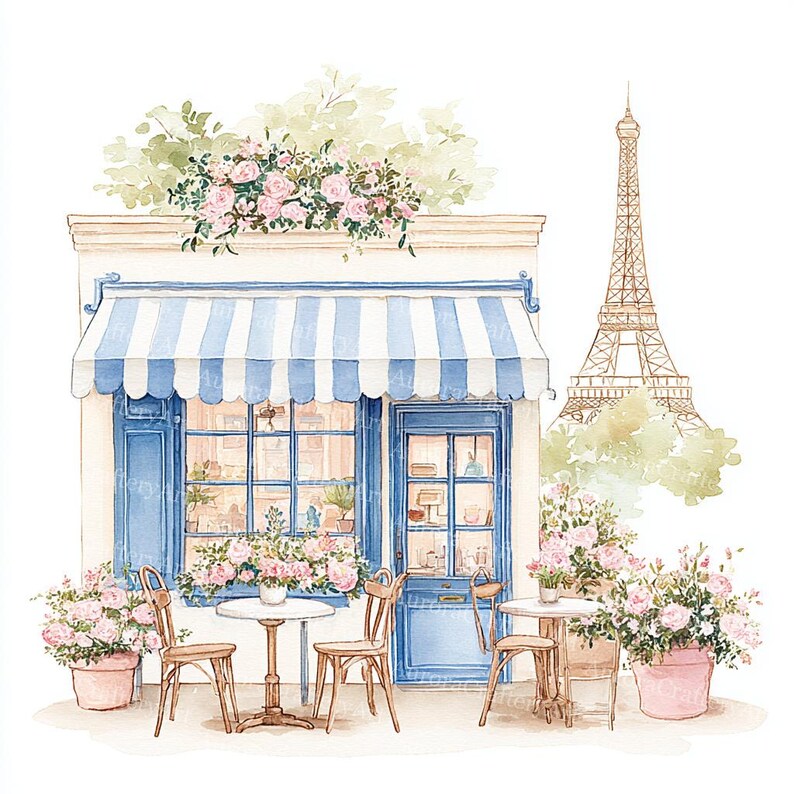 15 Paris Cafe Clipart: Watercolor Parisian Cafes, Travel Art (JPG ...