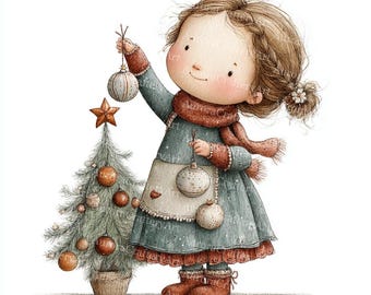May include: Watercolor illustration of a young child decorating a small Christmas tree. The child wears a blue dress, red scarf, and boots, holding ornaments. The tree is adorned with ornaments and a star.
