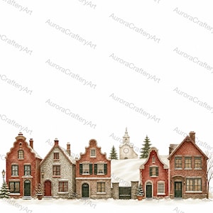 May include: A watercolor illustration of a row of European-style brick and stone houses covered in light snow. The scene includes a small church tower in the background, evergreen trees, and dark green doors and shutters on the buildings.