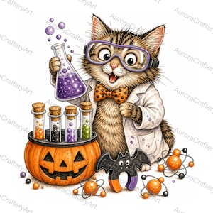 Peut inclure: Un chat tigré brun scientifique portant des lunettes de protection violettes et un nœud papillon orange à pois, tenant un flacon de liquide violet. À côté se trouve une citrouille d'Halloween avec quatre tubes à essai, un aimant chauve-souris.