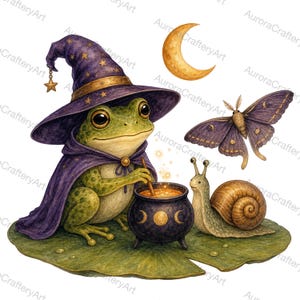 May include: A green frog wearing a purple wizard hat and cape with gold stars, stirring a black cauldron with a wooden spoon. A snail and a purple moth are nearby on a lily pad, with a yellow crescent moon in the background.