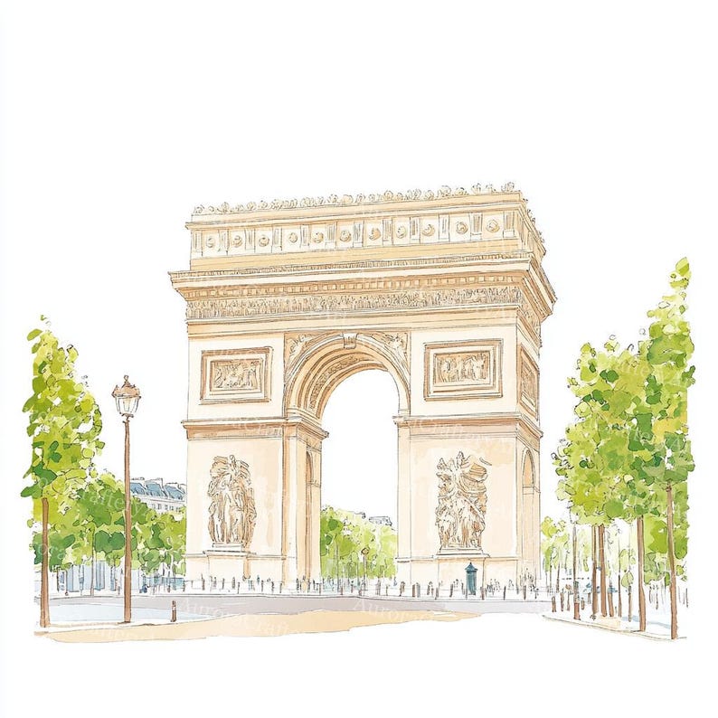 K&ouml;nnte beinhalten: Aquarell-Illustration des Arc de Triomphe in Paris, Frankreich. Das beige Denkmal weist aufwendige Schnitzereien und einen gro&szlig;en Torbogen auf. Gr&uuml;ne B&auml;ume und eine Stra&szlig;enlaterne rahmen die Struktur vor wei&szlig;em Hintergrund ein.