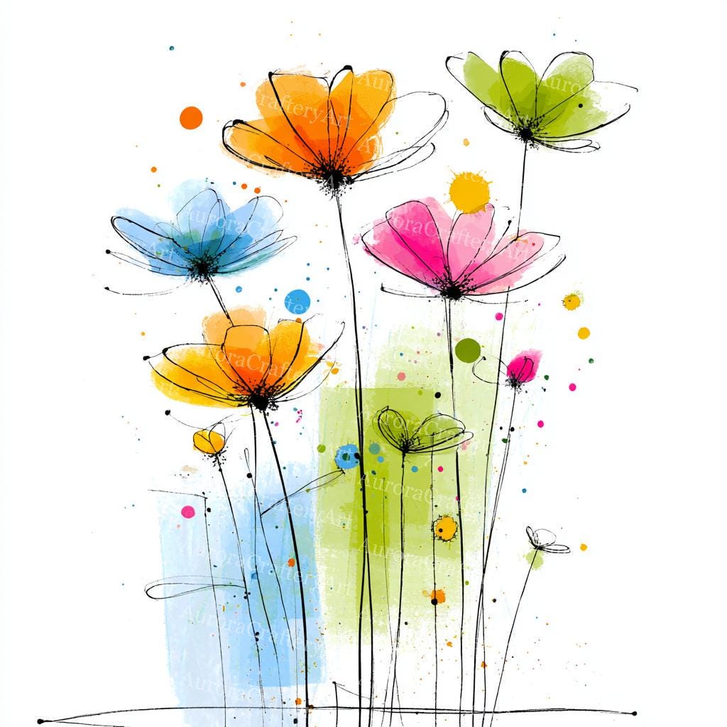 11 Sketched Colored Flowers Clipart, Doodle Hand Drawn Flower, Prin…