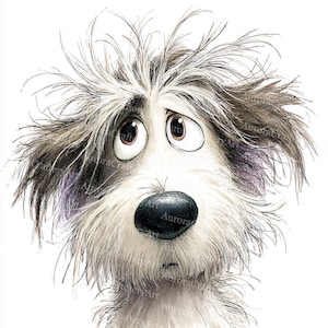 May include: A detailed illustration of a dog's face with a forlorn expression. The dog has long, shaggy fur in shades of white, grey, and brown. Its large, brown eyes look upwards, and its nose is black. The artwork has a soft, textured appearance.
