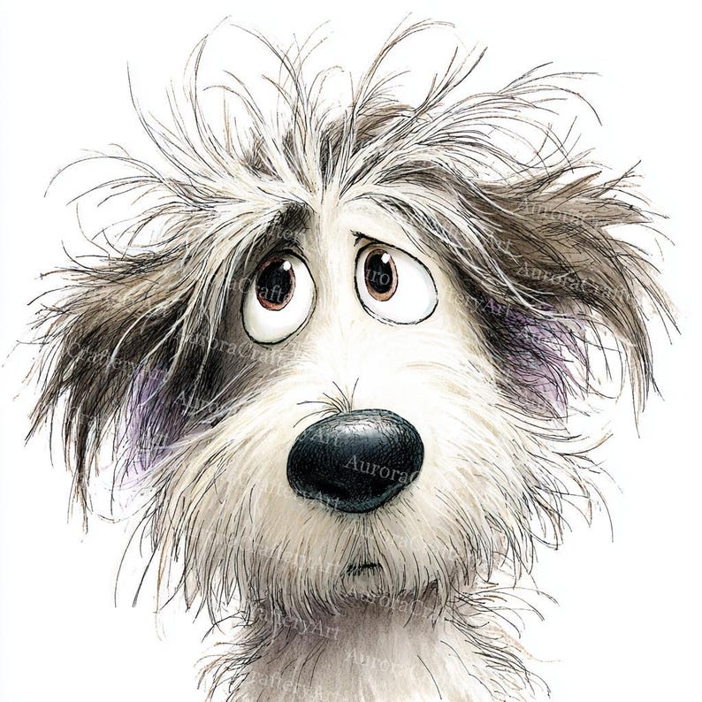 May include: A detailed illustration of a dog's face with a forlorn expression. The dog has long, shaggy fur in shades of white, grey, and brown. Its large, brown eyes look upwards, and its nose is black. The artwork has a soft, textured appearance.