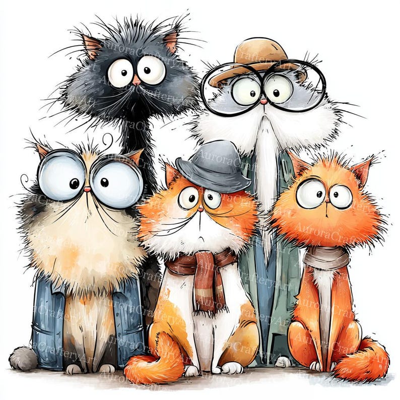 13 udda katter clipart, nyckfull kattunge clipart, högkvalitativ JPG, akvarell clipart, skräpjournal, digital nedladdning, papperspyssel clipart bild 6