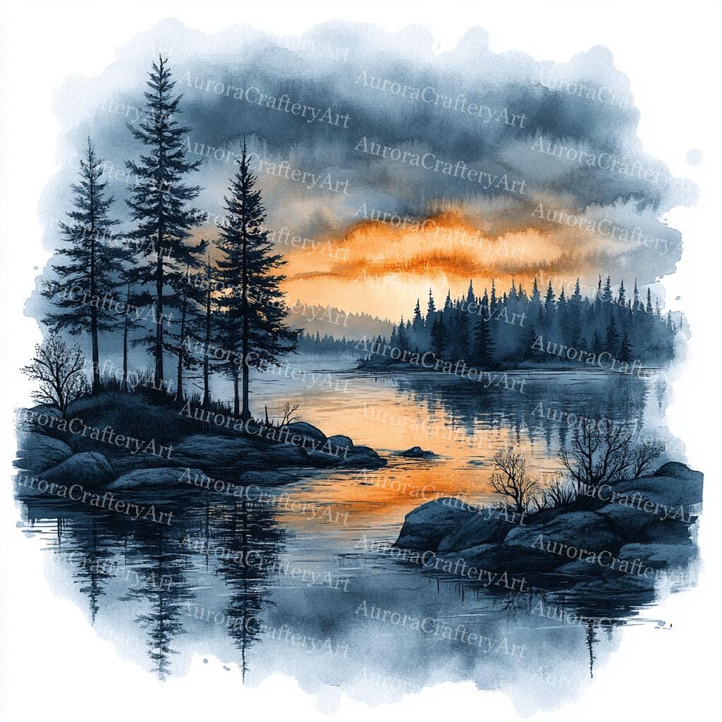 24 Lake Landscape Clipart, Watercolor River View, Forest Landscape
