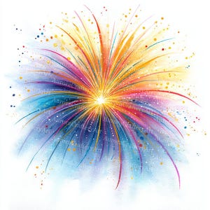 May include: A vibrant watercolor painting of a firework explosion. The artwork features a central burst of bright yellow and orange, with radiating streaks of red, pink, blue, and purple. Small colorful speckles surround the central explosion, creating a festive and dynamic image.