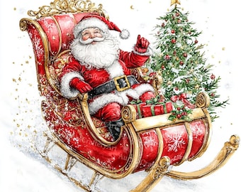 15 Classic Santa on Sleigh Clipart, Santa Claus Clipart, Christmas Card, High Quality JPG, Digital Download, Paper Craft, Junk Journal