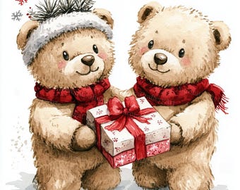 6 Christmas Teddy Bear Clipart, Christmas Card, Printable Watercolor Clipart, High Quality JPGs, Digital Download, Paper craft, Junk Journal