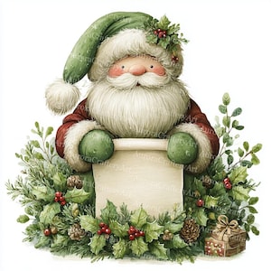 Könnte beinhalten: Aquarellillustration von Santa Claus, der eine Schriftrolle hält, umgeben von Stechpalmen und Grün. Santa trägt einen grünen Hut, einen roten Mantel und einen weißen Bart. Eine kleine Geschenkbox und Tannenzapfen sind ebenfalls vorhanden, wodurch eine festliche Urlaubsszene entsteht.