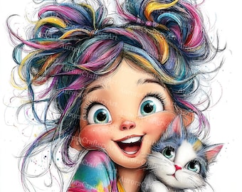 22 imágenes prediseñadas de una chica con un gato, regalo para amantes de los gatos, niña adorable, acuarela imprimible, archivos JPG de alta calidad, manualidades con papel, diario basura