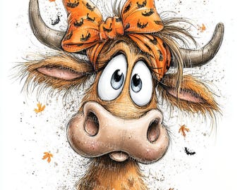 21 Quirky Highland Cow with Bow Clipart, Farm Cow Clipart, Funny Cow, Halloween, Printable Watercolor Clipart, High Quality JPGs