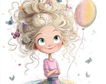 22 Quirky Little Girl with Butterfly Clipart, Quirky Girl, Baby Girl, Printable Watercolor, High-Quality JPGs, Paper Craft, Junk Journal