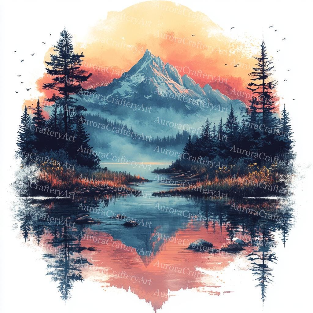 24 Lake Landscape Clipart, Watercolor River View, Forest Landscape