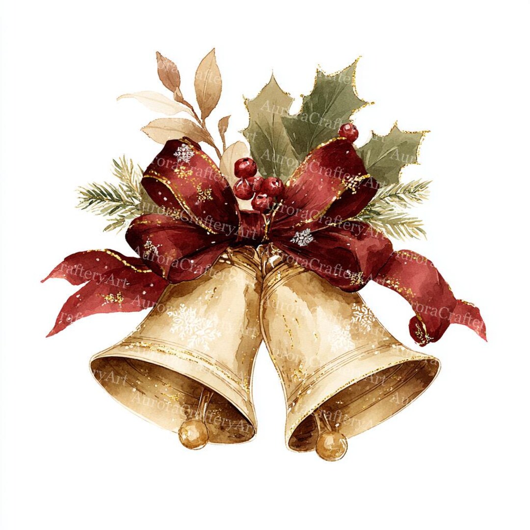 16 Christmas Bell Clipart: Golden Watercolor Jingle Bells (digital ...