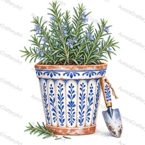 May include: A rosemary plant with green needle-like leaves and small light blue flowers growing in a white and blue patterned ceramic pot. A small metal garden trowel with a matching blue and white handle rests against the side of the pot.