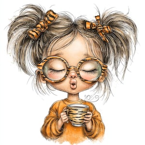 May include: Illustration of a girl with closed eyes, wearing tiger-striped glasses and a matching orange sweater. She holds a coffee mug with a tiger stripe pattern. Her hair is styled in pigtails with tiger-striped bows. The image has a watercolor effect.