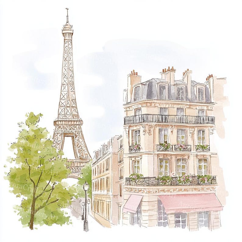 K&ouml;nnte beinhalten: Aquarell-Illustration einer Pariser Stra&szlig;enszene mit dem Eiffelturm und klassischen Geb&auml;uden. Das Kunstwerk zeigt einen Baum, eine Stra&szlig;enlaterne und Geb&auml;ude mit Markisen und Balkonen in sanften Pastellfarben.