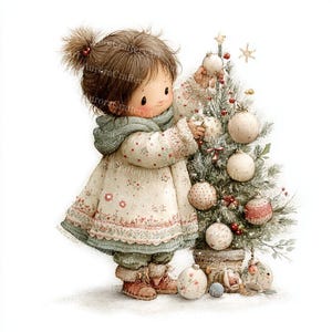 May include: Watercolor illustration of a young child decorating a Christmas tree. The child wears a white coat with floral patterns, a green scarf, and red boots. The tree is adorned with ornaments and berries, creating a festive holiday scene.
