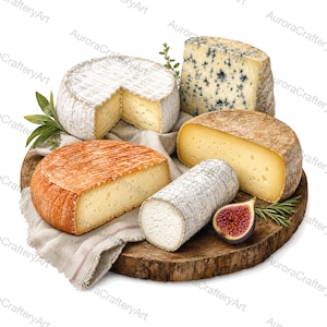 Può includere: Una selezione di cinque formaggi diversi disposti su un tagliere di legno con un panno di lino. L'assortimento include uno spicchio erborinato, una forma a crosta bianca, un formaggio giallo sodo, una forma aranciata e un tronchetto bianco con fico.