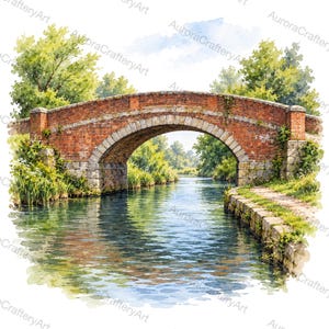May include: A watercolor illustration of a red brick arched bridge spanning a calm river. The scene features lush green trees, foliage along the stone riverbanks, and a soft blue sky. The water reflects the bridge and surrounding greenery.
