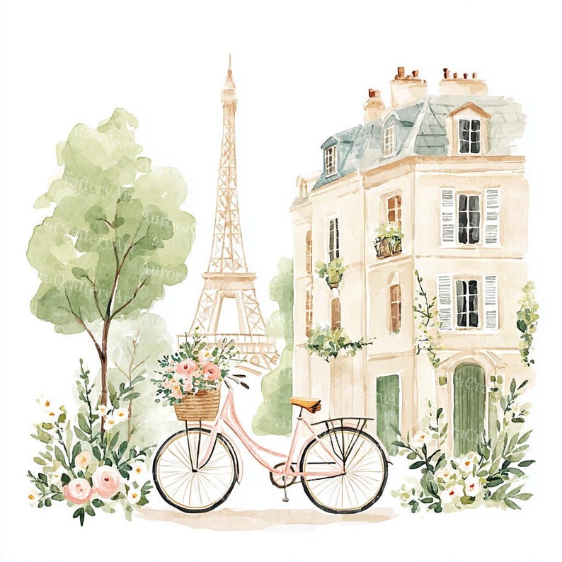 K&ouml;nnte beinhalten: Aquarellmalerei einer Pariser Szene mit dem Eiffelturm, einem Geb&auml;ude und einem rosa Fahrrad mit einem Blumenkorb. Gr&uuml;ne B&auml;ume und wei&szlig;e Blumen umrahmen die Szene und schaffen eine romantische und malerische Aussicht.