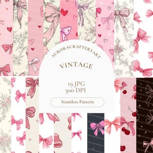 Peut inclure: Ensemble de motifs numériques sans couture dans des tons rose et crème, avec des nœuds, des cœurs et des motifs floraux. L'image comprend le texte "AURORACRAFTERYART VINTAGE" et les détails : "19 JPG 300 DPI Seamless Pattern".