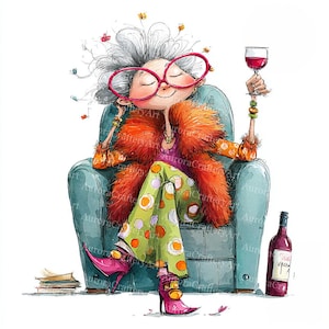 Puede incluir: Ilustración caprichosa de una mujer en un sillón verde azulado, con un cuello de piel naranja brillante, gafas rosas grandes y pantalones verdes con lunares naranjas. Sostiene una copa de vino, con una botella de vino cerca. También hay mariposas y libros.