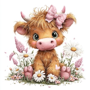 May include: A cute cartoon illustration of a Highland cow calf with a pink bow, sitting in a field of daisies and pink flowers. The calf has brown fur, pink ears, nose, and feet. The image has a soft, whimsical style.