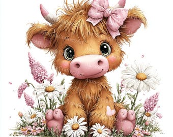 13 babyflicka Highland Cow Clipart, rosa blommig rosett, sublimeringsdesign, söt Highland Cow, ko med blommor, digital nedladdning