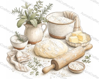 Cottage Baking Counter Line Illustration Clipart Bundle, White Background JPG, Digital Download