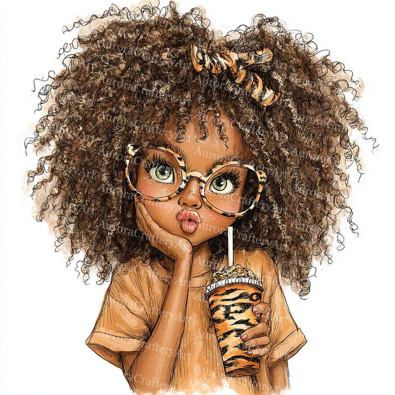 May include: Illustration of a girl with curly brown hair, wearing glasses with a leopard print frame and a matching bow. She is holding a drink in a tiger-striped cup. The girl is wearing a tan shirt.