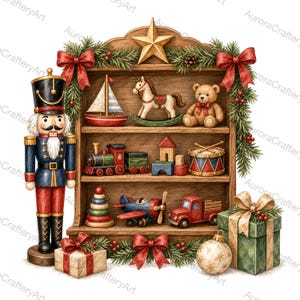Puede incluir: Una estantería de madera para juguetes decorada con ramas de pino, lazos rojos y una estrella dorada. Contiene un velero, un caballito, un oso de peluche, un tren, bloques, un tambor, anillos, un avión y un camión. Un cascanueces está al lado.