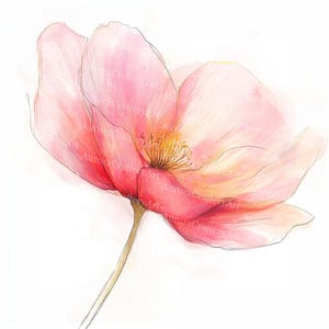 Op de afbeelding: Aquarel schilderij van een roze bloem met een gele kern en een lange, dunne stengel. De bloemblaadjes hebben een roze en perzik kleurverloop, met fijne lijnen die de vorm omlijnen. Het kunstwerk staat op een witte achtergrond.