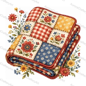 Op de afbeelding: Een gevouwen patchwork deken met diverse vierkante stofpatronen, waaronder rood-witte vichyruitjes, gele stof met witte bloemenprints en blauwe stof met witte madeliefjes, geaccentueerd door illustraties van rode, blauwe en gele wilde bloemen.