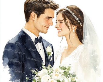 17 Bride and Groom Clipart, Wedding Invitation,Wedding Couple, Printable Watercolor, High-Quality JPGs, Paper Craft, Junk Journal