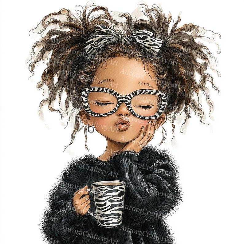 May include: Watercolor illustration of a girl with curly brown hair, wearing zebra-print glasses and a matching bow. She is holding a zebra-striped mug and wearing a black fuzzy sweater. The image has the text "Aurora Craftery Art".