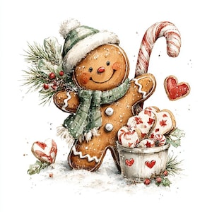 May include: Watercolor illustration of a gingerbread man wearing a green and white hat and scarf, holding a candy cane and a sprig of greenery. A bucket of heart-shaped cookies and candies is at his feet, with two heart-shaped cookies nearby.