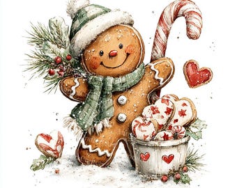 15 Gingerbread Man Clipart, Christmas Gingerber, Christmas Card, Printable Watercolor,High-Quality JPGs, Paper Craft, Junk Journal